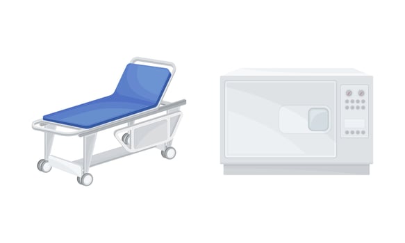 Hospital clinic medical equipment set. Medical beds and diagnostic device illustration vector