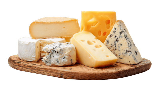 Assorted cheeses on wooden board with transparent background png