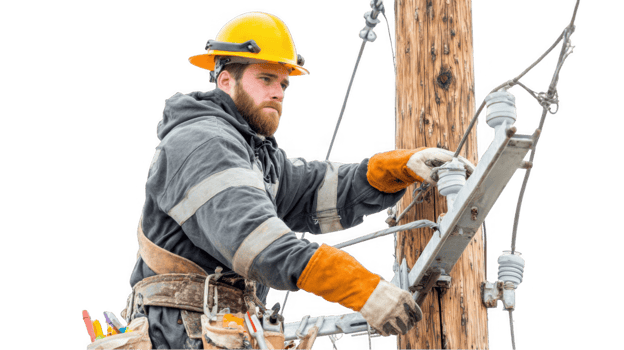 Lineman working on electrical pole with transparent background png