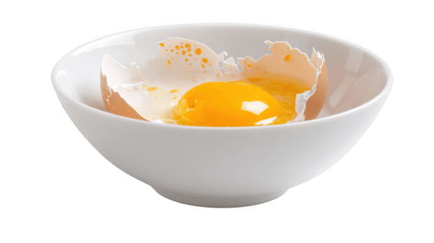 Broken egg yolk in a white bowl on transparent background png