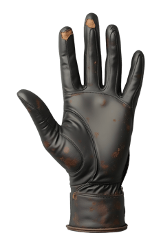 Worn leather glove with visible damage and rust stains showing heavy use and age png