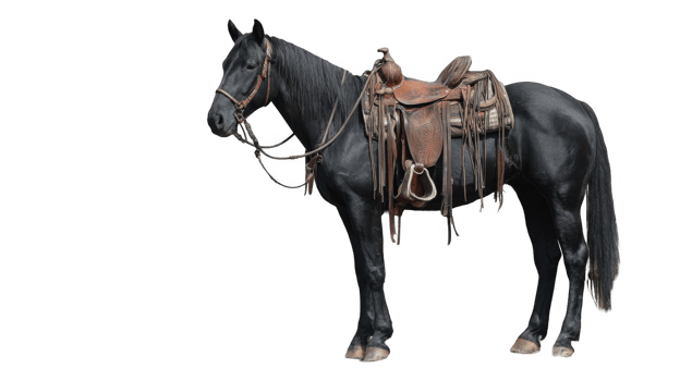 Black horse wearing saddle standing on transparent background png