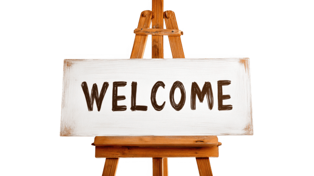 Wooden easel displaying welcome sign on transparent background png