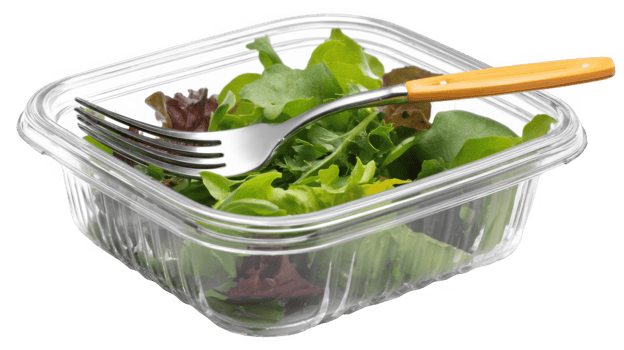 Fresh salad in transparent plastic container with fork, isolated on transparent background png