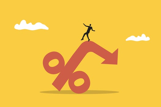Businessman on percentage sign with falling down. concept of Inflation or interest rate falling down, decrease, profit fall in economic recession. vector