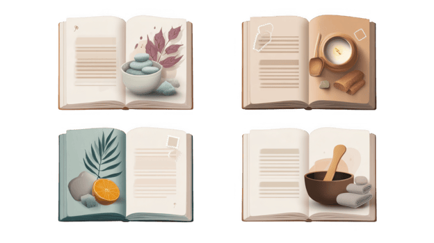 Open books showcasing wellness retreat accessories on transparent background png