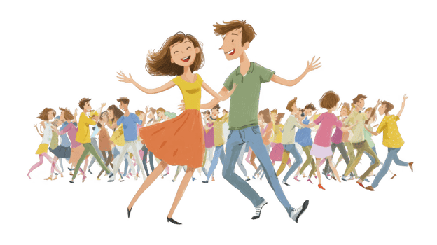 Happy couple dancing joyfully in a crowded square with transparent background png
