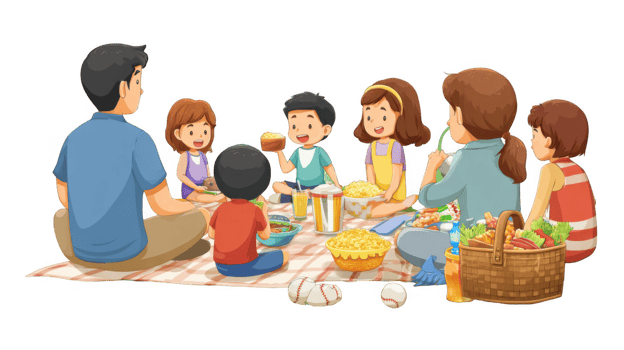 Family enjoying picnic with food and drinks on transparent background png