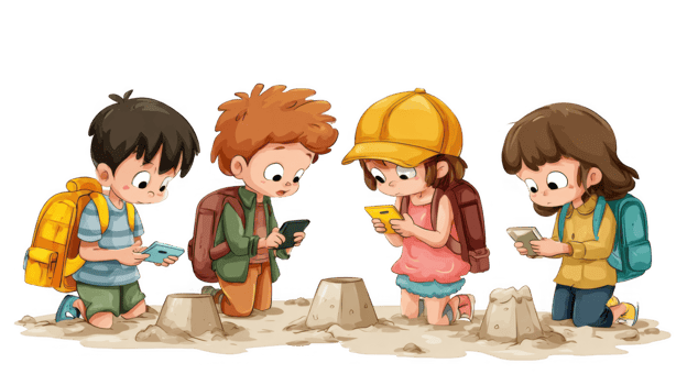 Students kneeling on sand and playing with smartphones near sandcastles with transparent background png