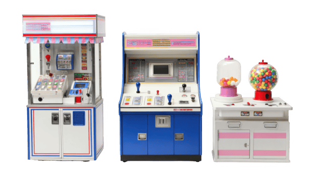 Claw crane, arcade game machine and gumball vending machine on transparent background png
