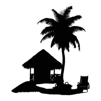 Tropical beach scene silhouette featuring palm tree hut and lounge chair black and white vector