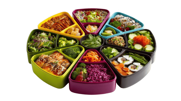 Colorful bento boxes forming a circle on transparent background png