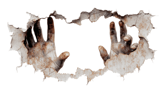 Decayed zombie hands breaking through wall on transparent background png
