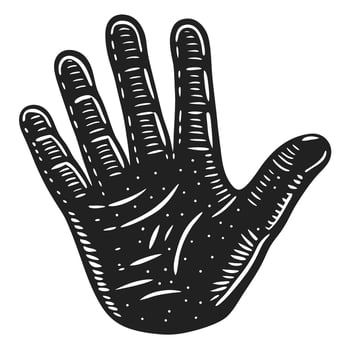 vintage hand illustration, detailed line art in black ink, open palm gesture, retro design vector