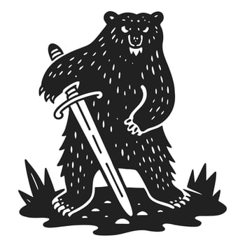bear warrior with sword illustration fierce animal symbolism, medieval design, black and white graphic art vector