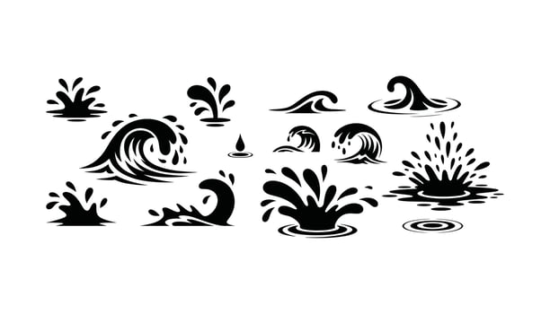 Black Water Splash, Drop, and Wave Silhouettes Elements Pack vector