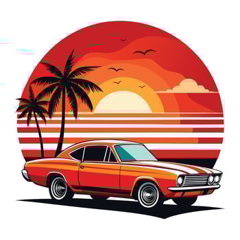 retro car on the beach with palm trees. vector