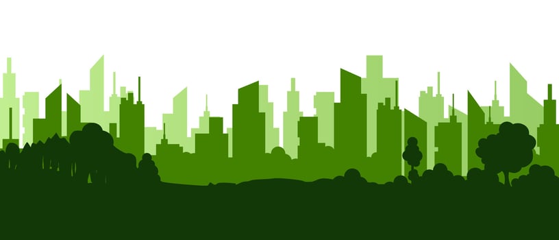 City panorama with green urban skyline featuring stylized modern buildings and silhouettes vector