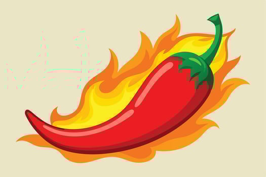 Fiery Red Chili Pepper engulfed in Flames, Spicy Hot Food Illustration, Vibrant Cartoon Style - Professional digital artwork with vibrant colors and detailed composition vector