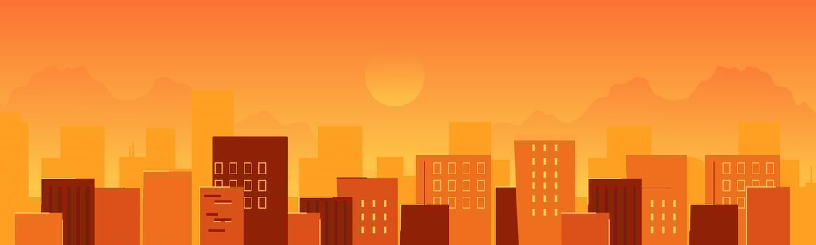City panorama with urban silhouette in warm orange tone at sunset vector