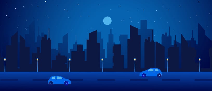 City panorama at night with silhouette buildings and vehicles under a starry sky and moon vector