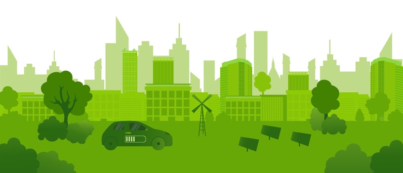 Eco-friendly city panorama with green buildings and renewable energy elements vector