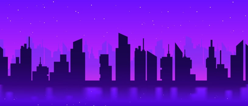 City panorama silhouette against purple night sky with glowing stars and mirrored reflection vector