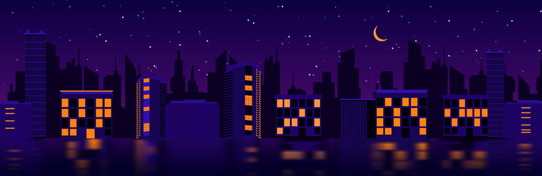 City panorama at night with silhouetted buildings and crescent moon in starry sky vector