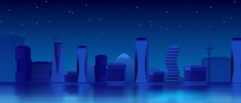 City panorama of modern skyscrapers at night with reflective water and starry sky vector