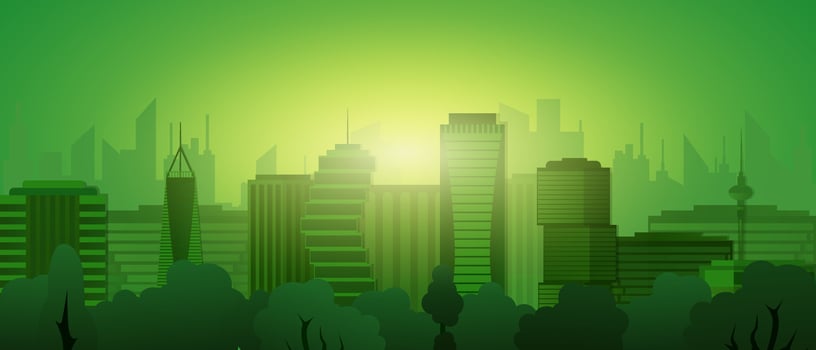 City panorama in green hue with silhouette of tall urban buildings and architectural details vector