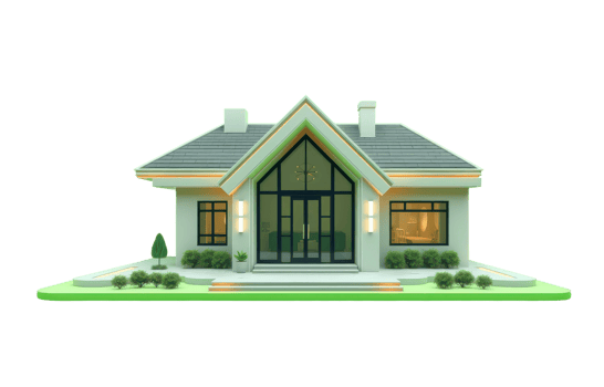 3d render of a modern house with large glass doors and a green landscape area illustrating architecture and residential design png