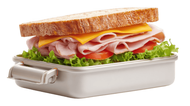 Ham and cheese sandwich tucked into lunchbox on transparent background png