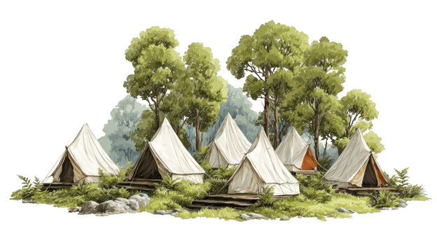 Canvas tents arranged in a sunny woodland glade with transparent background png