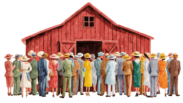 Crowd gathering outside red barn in summer hats waiting for event to start png
