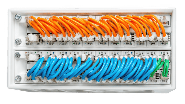 Network switch connecting multiple rooms with cables on transparent background png