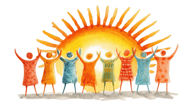 People raising hands in front of bright sun with transparent background png