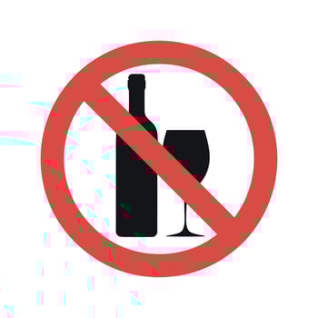 Prohibition Sign Displaying a Wine Bottle and a Wine Glass Crossed Out with a Red Circle Indicating No Alcohol Allowed Here red prohibition vector
