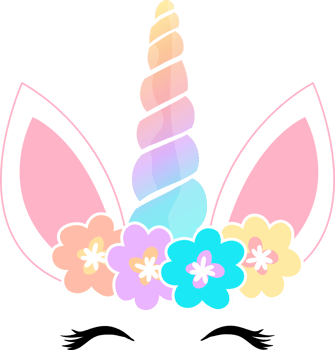 Unicorn with multicolored horn and flower crown png