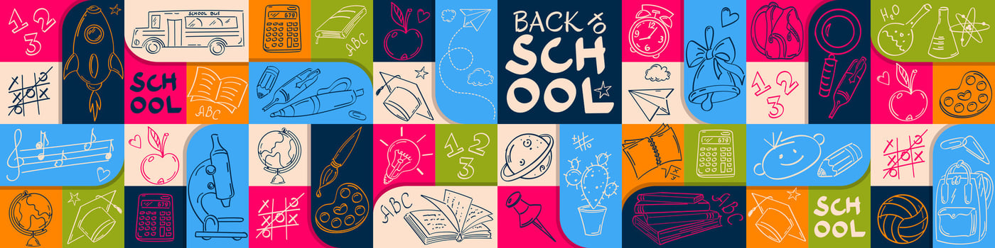 Back to school, geometric style horizontal banner with contour patterns. Rocket, globe, school bus, books, notebooks, pens, pencils and other conceptual symbols of education. vector