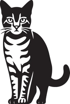 Sitting tabby cat black white illustration, Cute cat simple drawing vector