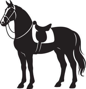 Horse with saddle silhouette black white, Riding horse side view illustration vector