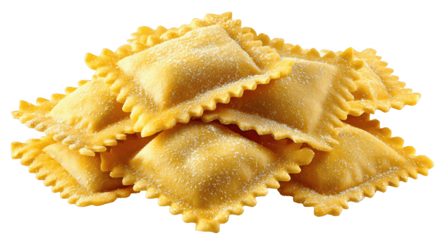 Pile of uncooked square ravioli with flour on transparent background png