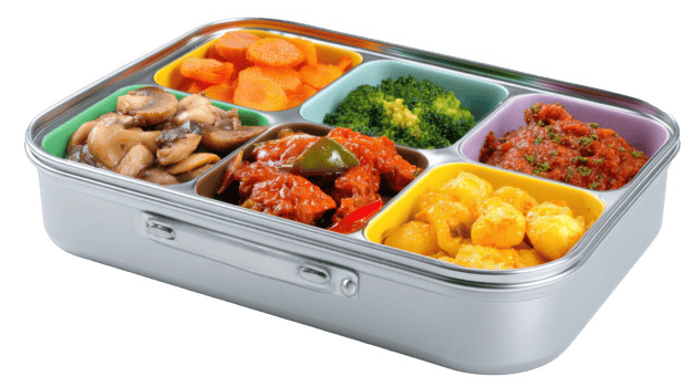 Metal lunchbox containing colorful meal portions on transparent background png