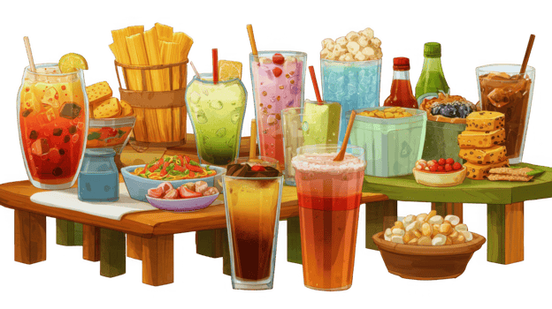 Forest of drinks and snacks overflowing two rustic tables on transparent background png