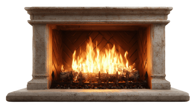 Fireplace burning with bright flames on transparent background png