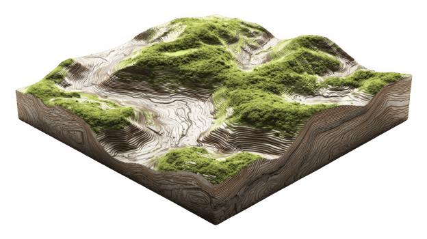 Square piece of land showing topography with green vegetation on transparent background png