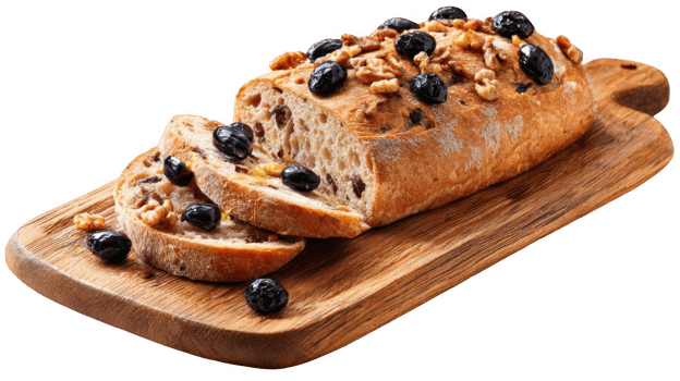 Sliced loaf of olive and walnut bread on wooden cutting board with transparent background png