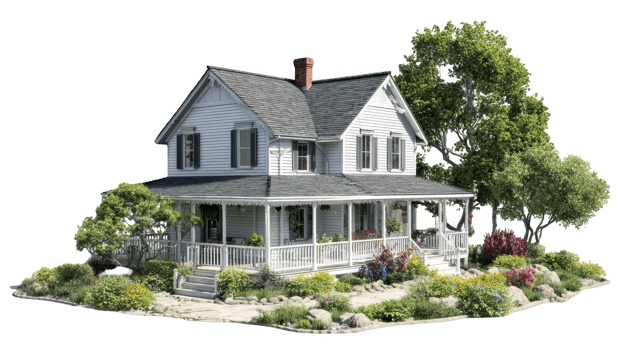 Classic white sunlit farmhouse with porch and blooming garden on transparent background png