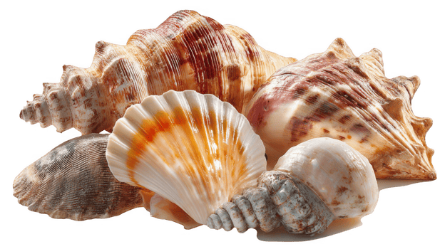 Warm sunlight capturing beauty of assorted seashells on transparent background png