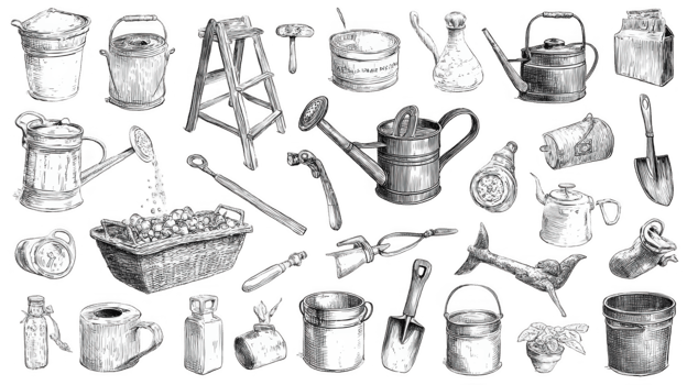 Gardening tools doodles on transparent background, watering cans, buckets, and more png